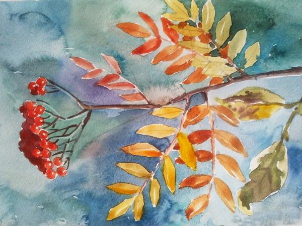 Снегирь на ветке рябины гуашью
