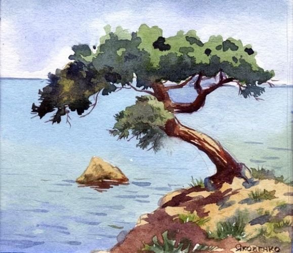 Пейзаж с морем и деревьев гуашью