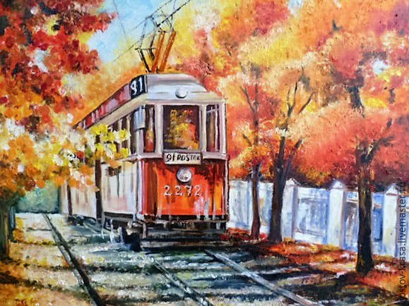Трамвай рисунок акварелью