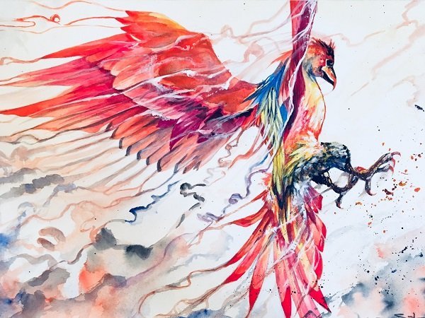 Птица Феникс акварель