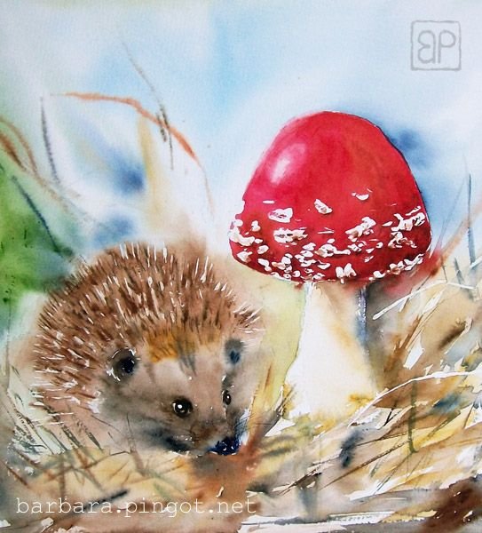 Ежик с грибом живопись