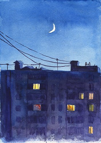 Ночной город гуашью