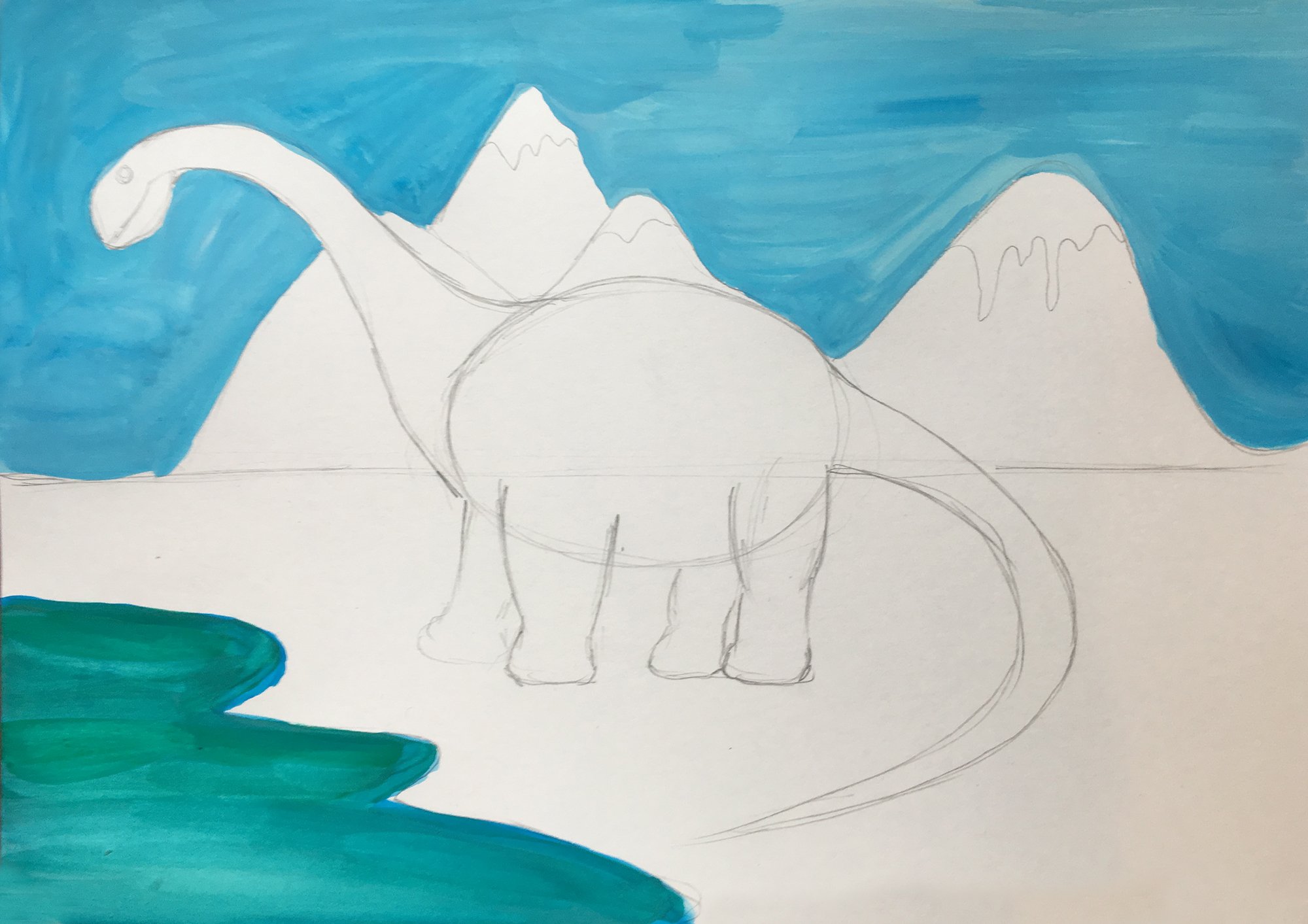 Рисунок динозавр гуашью для детей