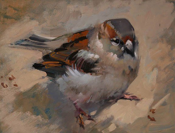 Воробей акварелью