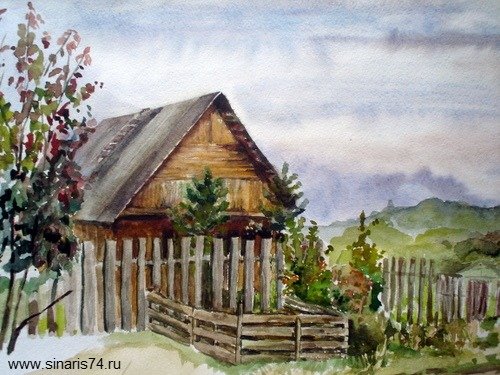 Домик бревенчатый в деревне акварелью