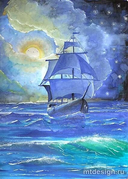 Корабль в море гуашью