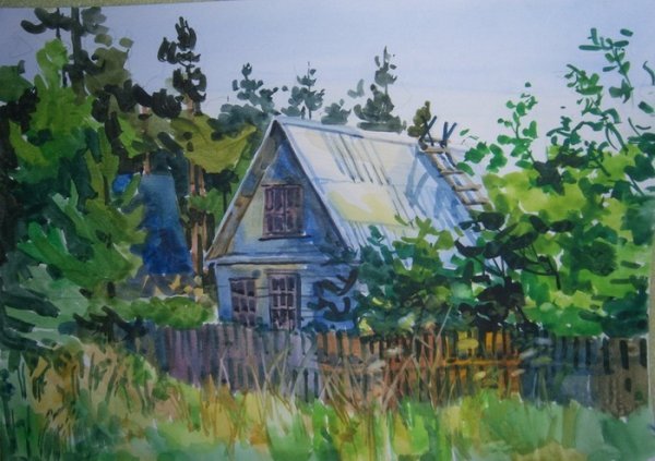 Домик в деревне гуашью
