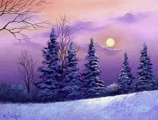 Ночной зимний пейзаж гуашью