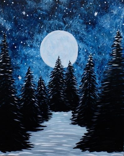 Зимний ночной лес гуашью