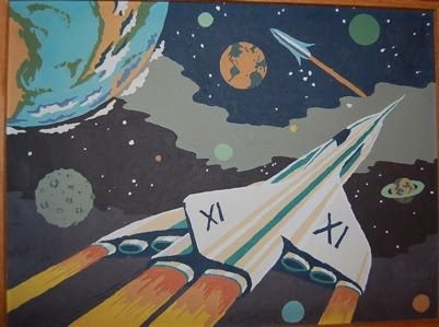 Рисунок космоса с планетами и ракетой красками