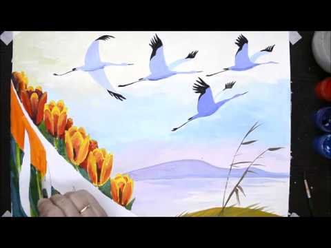 Рисуем журавлей гуашью