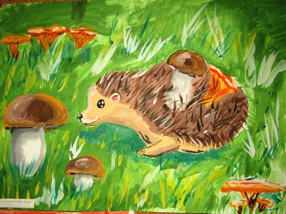 Полянка с грибами гуашью