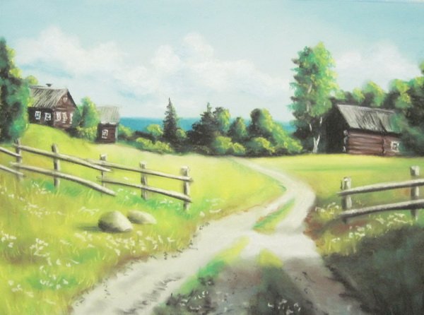 Красками детский деревенский пейзаж