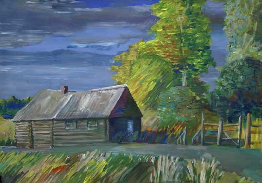 Деревенский пейзаж гуашью