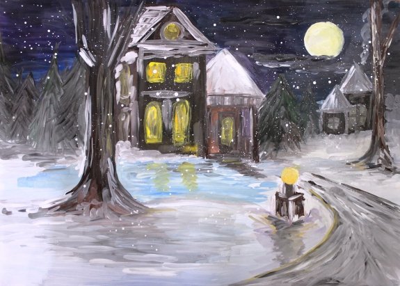 Ночной зимний город гуашью
