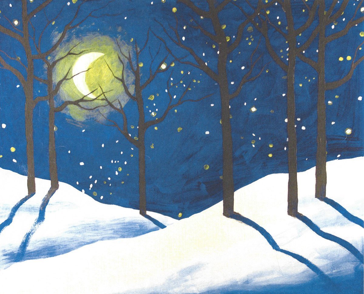 Зимний лес ночью красками