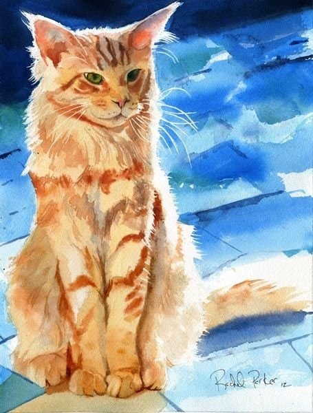 Рыжий кот акварелью