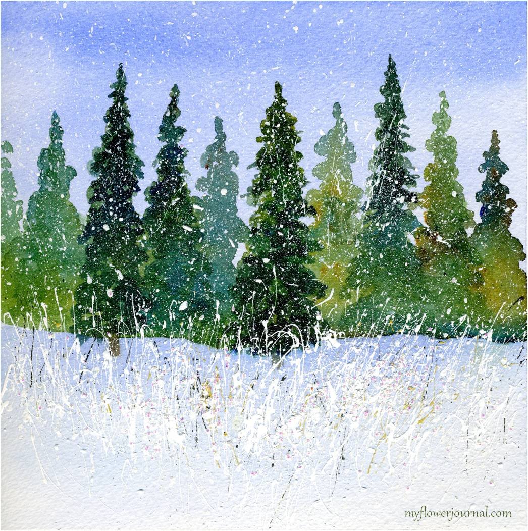Зимний пейзаж елки акварелью