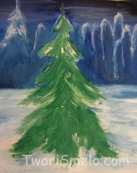 Зимняя елка гуашью