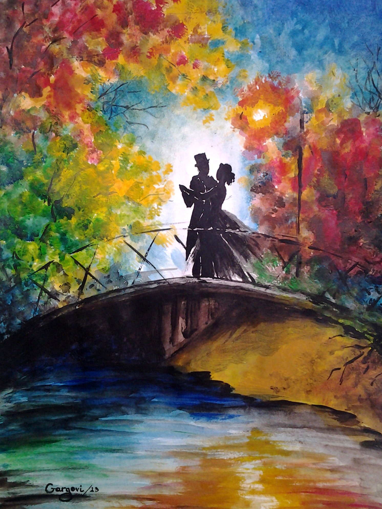 Пейзаж любви. Романтичные картины гуашью. Картина влюбленные на мосту. Пара пейзаж.