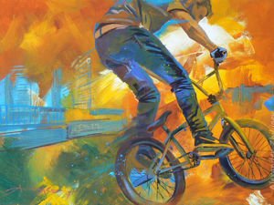 Мальчик на велосипеде живопись