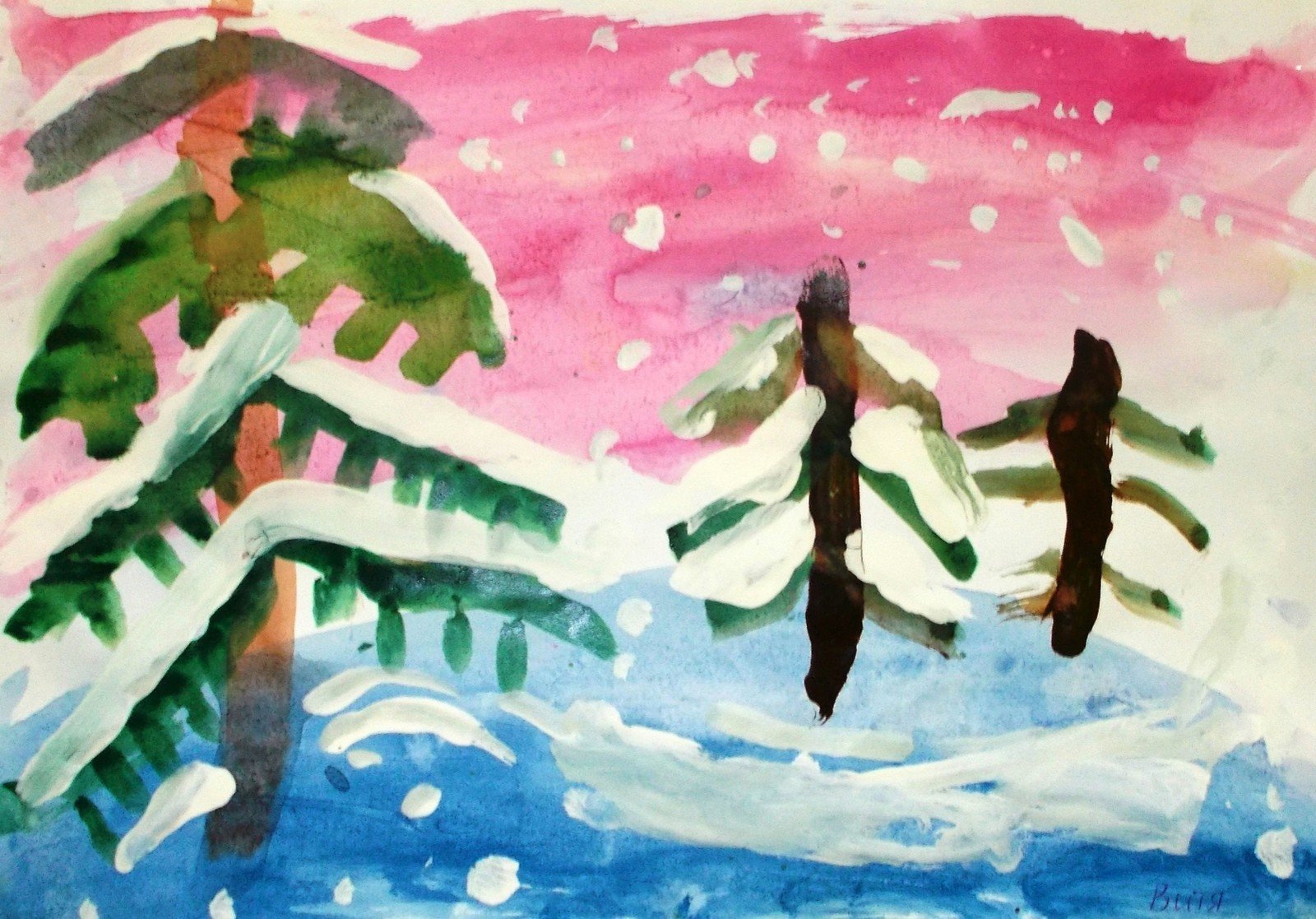 Зимний лес рисование красками