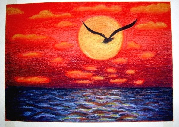 Пейзаж восковыми мелками закат