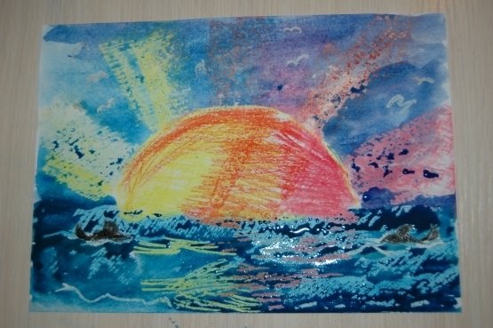 Рисование восковые мелки и гуашь