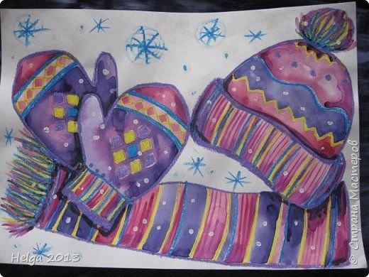 Восковые мелки и акварель зима