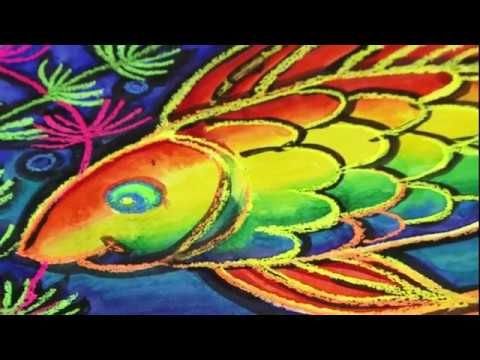 Восковые мелки и акварель техника рыба