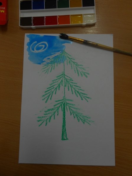 Рисование елки восковыми мелками