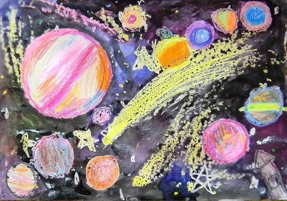 Рисование восковые мелки и акварель "космические дали"