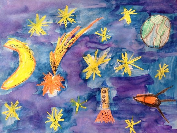 Рисование восковые мелки и акварель "космические дали"