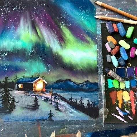 Северное сияние масляной пастелью