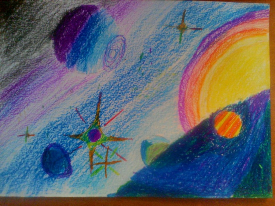 Космос рисунки цветные. Рисование восковые мелки и акварель "космические дали". Рисование космос. Рисунок на тему космос. Рисование для детей космос.