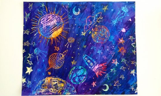 Рисование восковые мелки и акварель "космические дали"