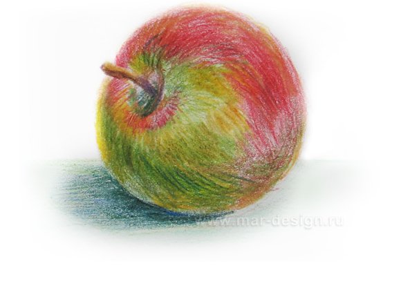 Яблоко цветными карандашами с тенью