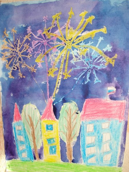 Праздничный салют восковые мелки акварель