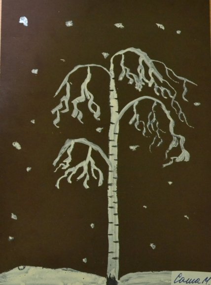 Зимняя береза на картоне