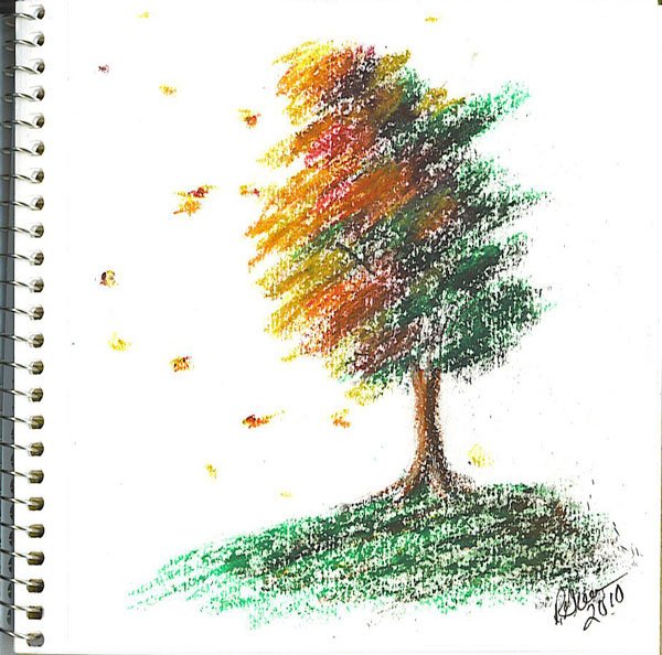 Осеннее дерево цветными карандашами