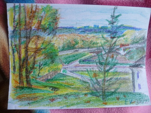 Пейзаж цветными восковыми мелками