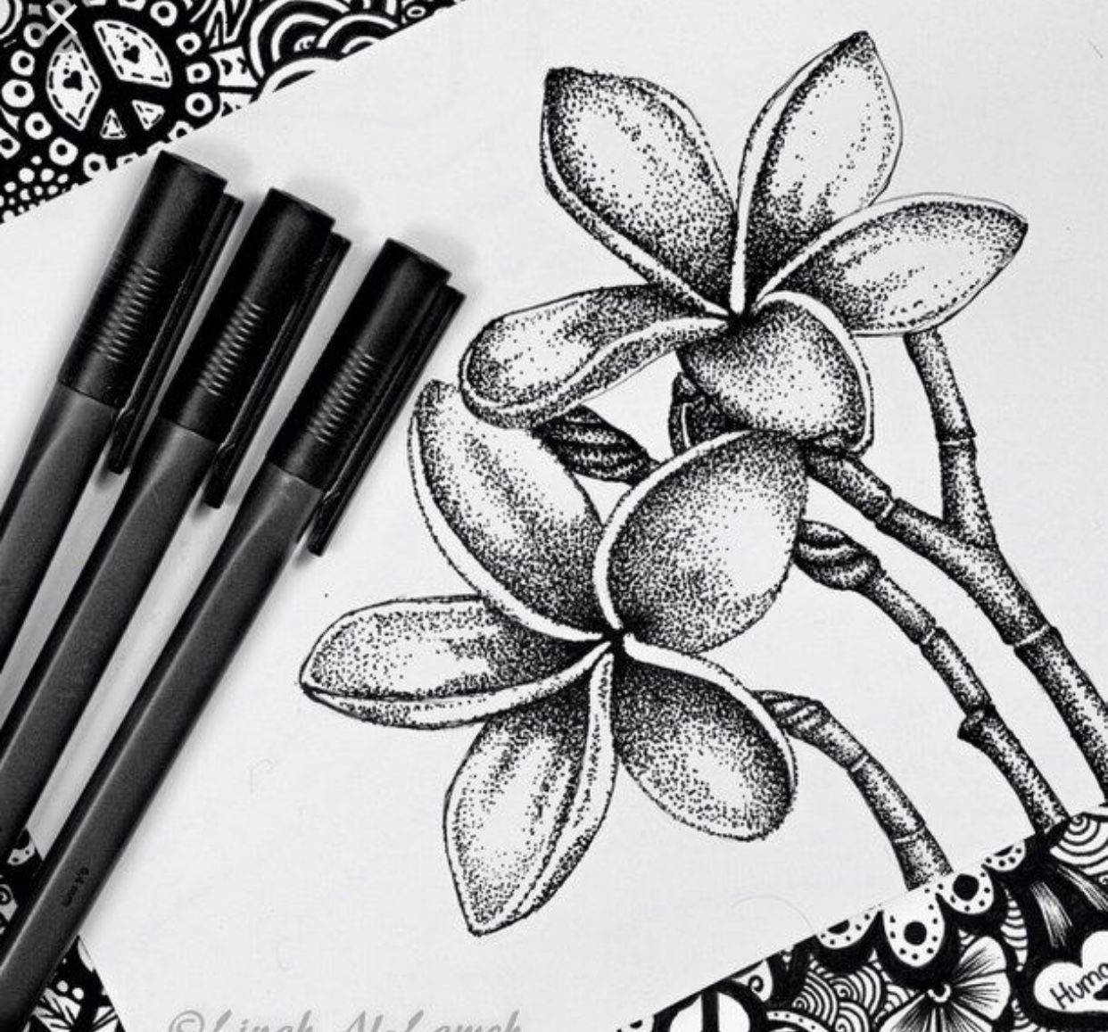 Рисование цветка черной гелевой ручкой