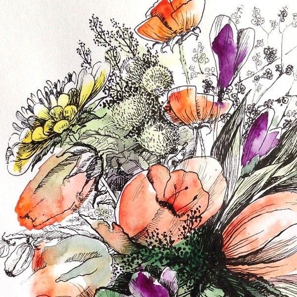 Цветы акварелью и гелевой ручкой