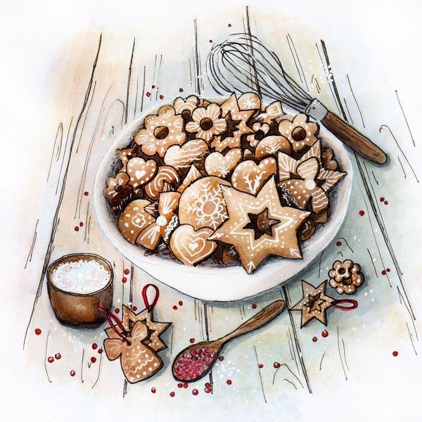 Имбирный пряник акварель