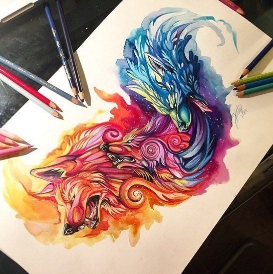 Дракон цветными карандашами
