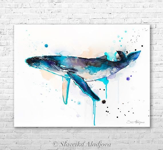Силуэт кита акварель