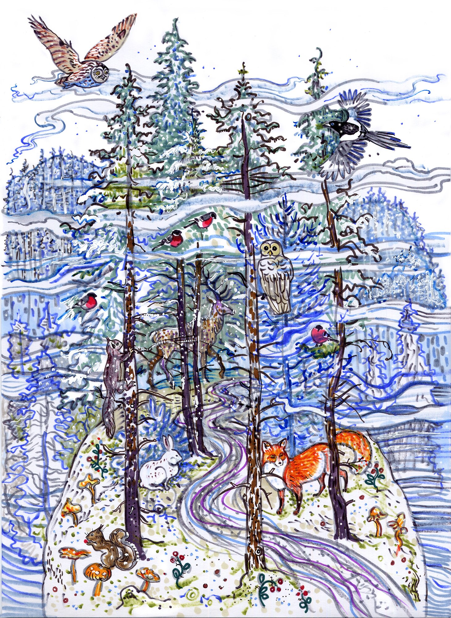 Зимний лес фломастерами