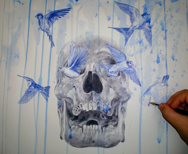 Череп шариковой ручкой