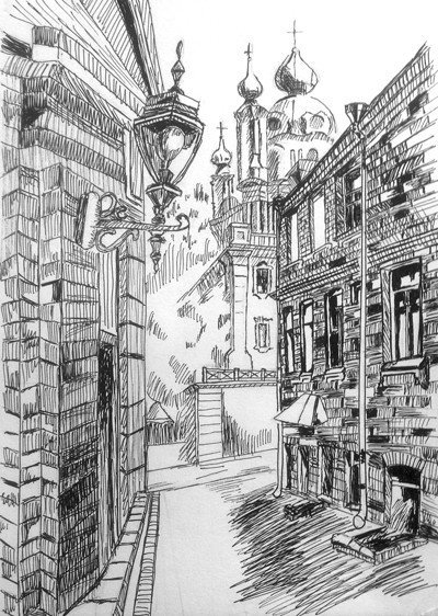 Архитектурный пейзаж гелевой ручкой