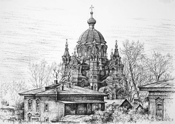 Церковь архитектура черной ручкой